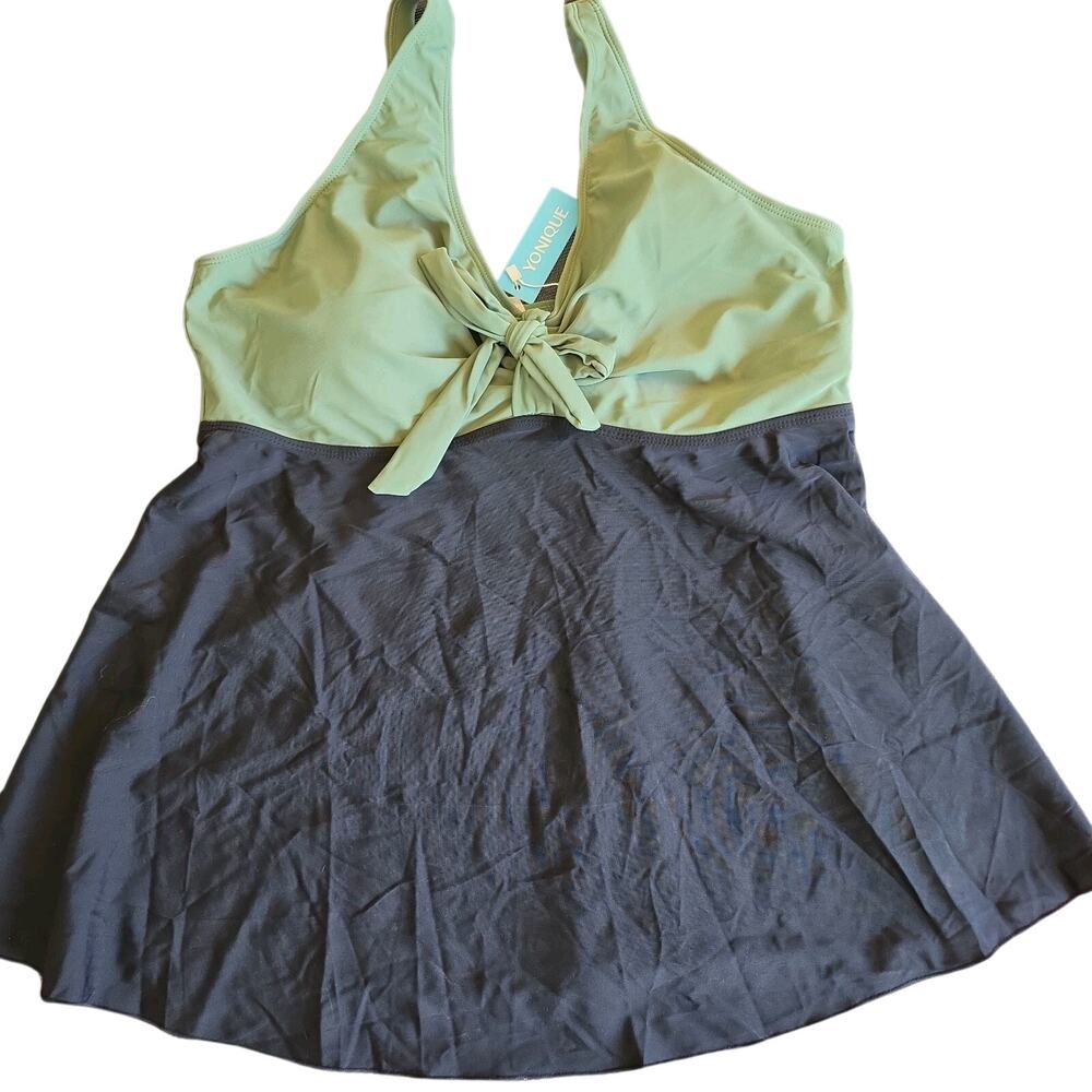 Yonique Swimsuit NWT Modest Tummy Control swimdress Color Block Size XL Green